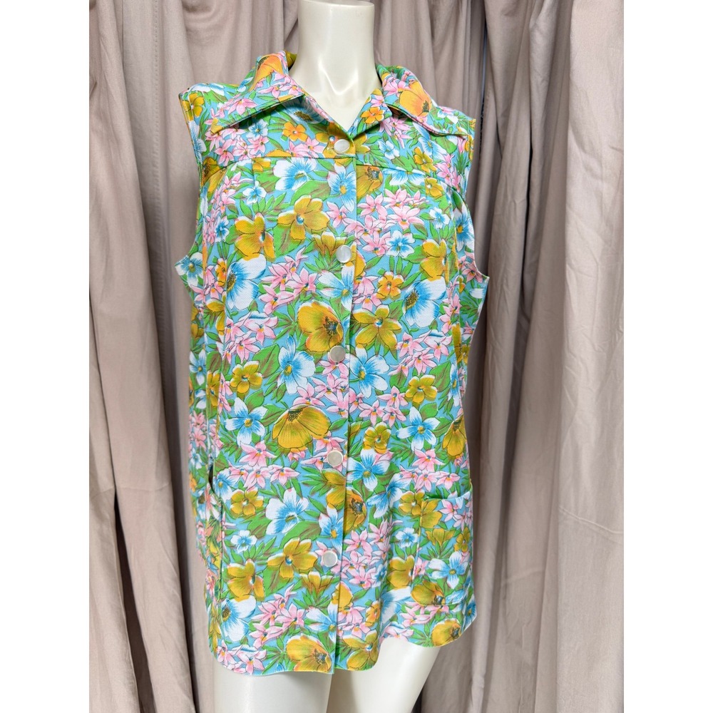 Vintage Bright Floral Sleeveless Collared Top Tagged 46